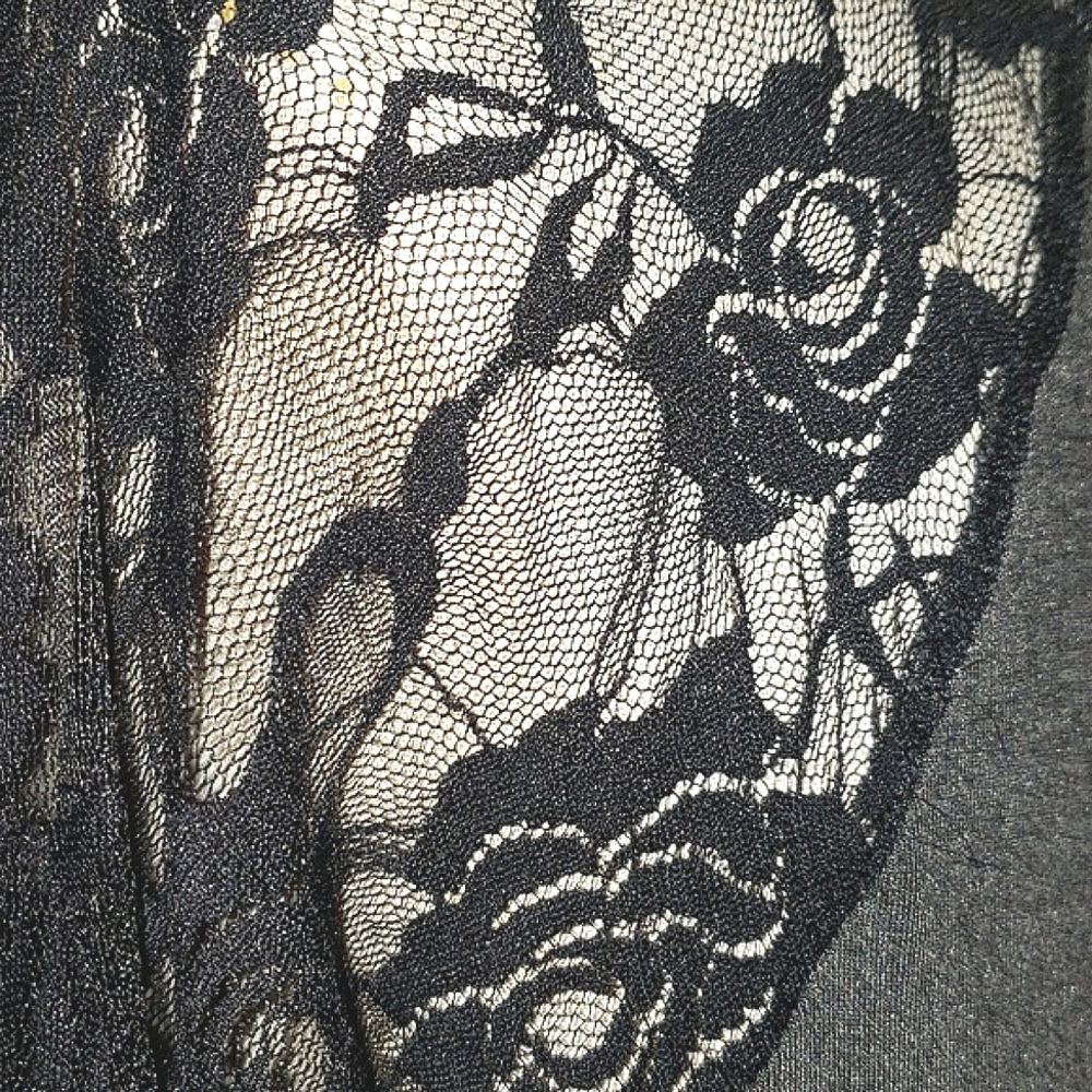 Goo Yoo Sheer Floral Black Lace Raglan Sleeves High Low Hem Gray Tunic Top M/L - Picture 9 of 16
